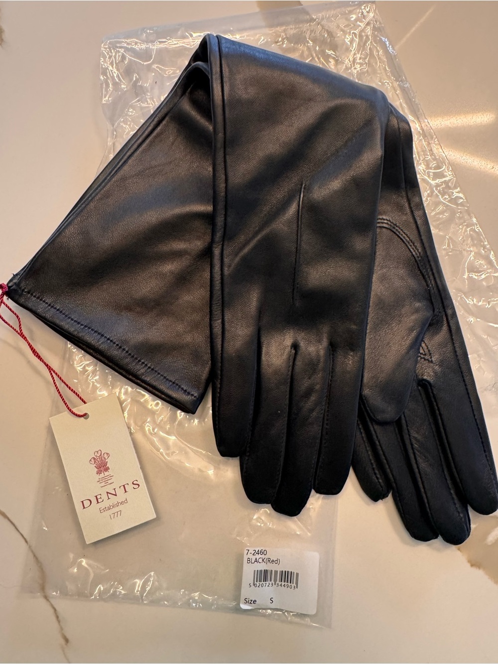 Dents Luxury Long Leather Opera Gloves Black Red Silk Lining Size S NWT